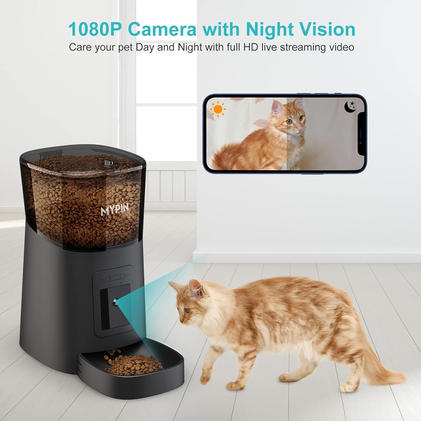 Smart Video Pet Feeder with HD Camera - WiFi Controlled Automatic Food Dispenser for Dogs & Cats, 6L Capacity, 2-Way Audio, Timed Feeding, Up to 8 Meals/Day